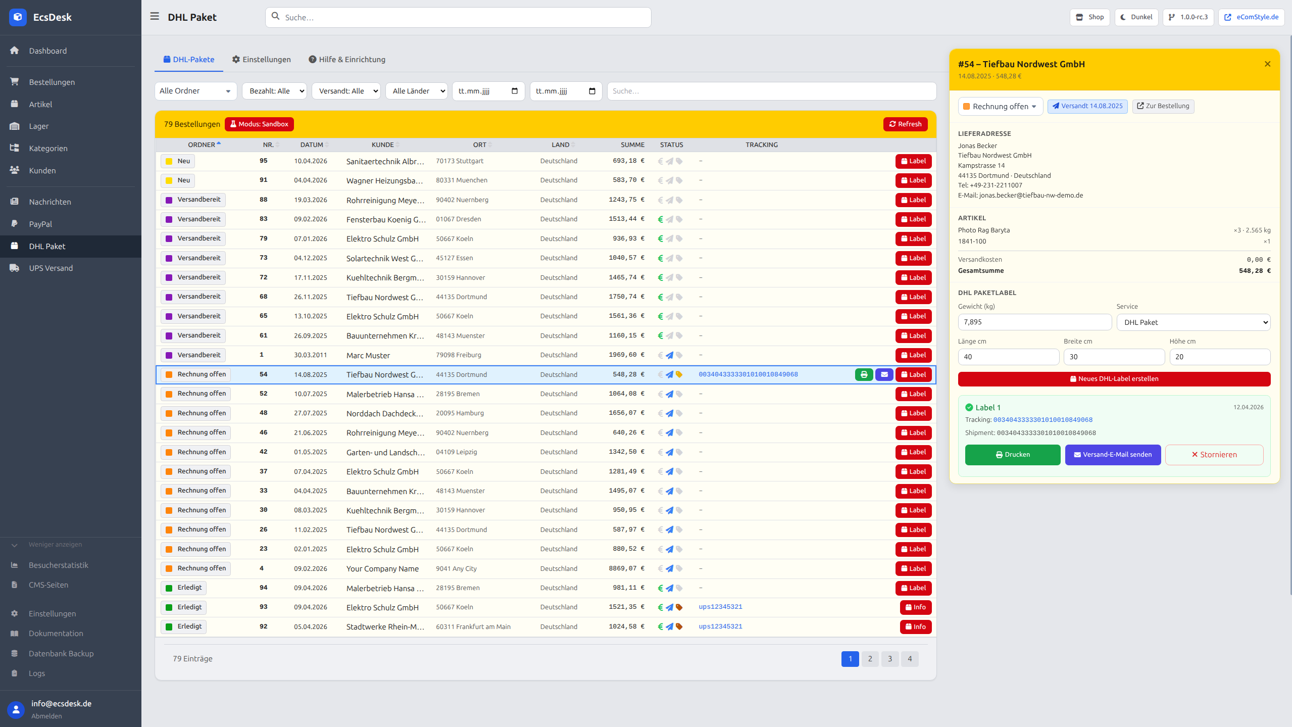 DHL-Versandlabel direkt in EcsDesk erstellen