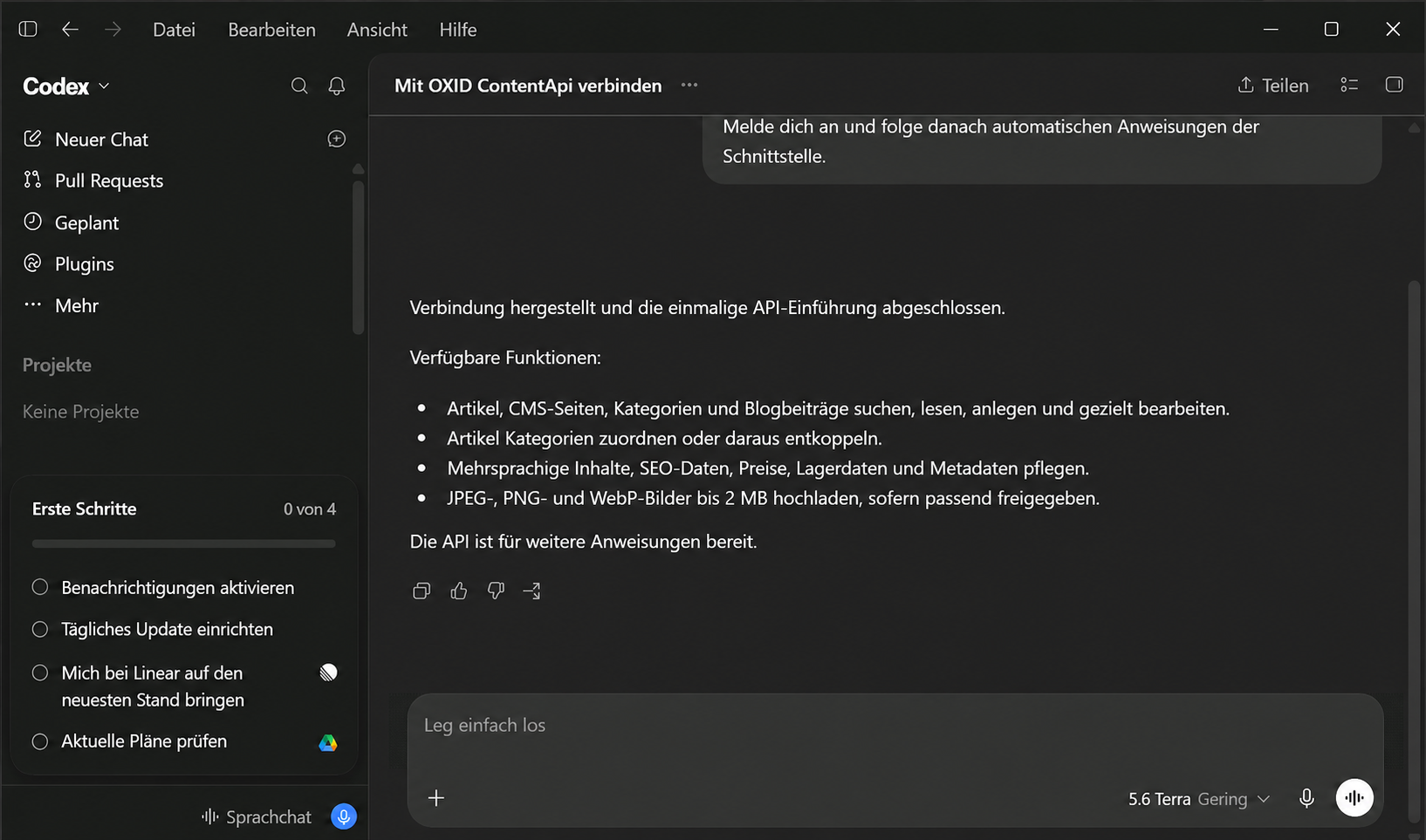 OpenAI Codex Desktop verbindet sich mit der OXID ContentApi und zeigt die freigegebenen Funktionen