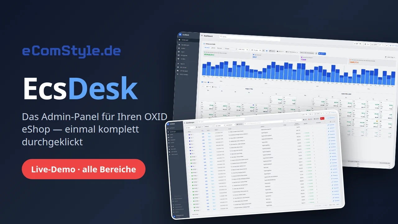EcsDesk Video: Rundgang durch das Admin-Panel für OXID eShop mit Bestellungen, Lager, Versand und Auswertung