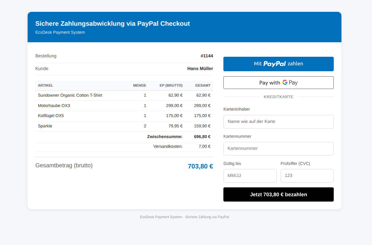 EcsDesk PayPal: Zahlungslinks, Kreditkarte, Google Pay und Tracking in einer Lösung