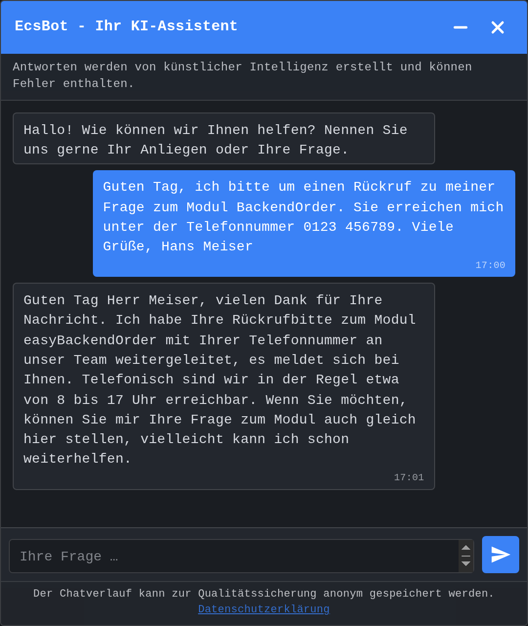 EcsBot nimmt eine Rückrufbitte auf und leitet sie an das Team weiter