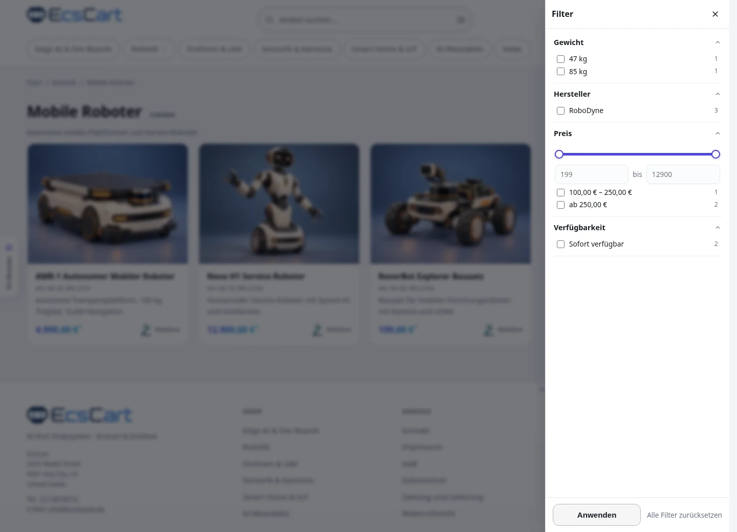 Der geöffnete AJAX-Multifilter neben der Produktliste für mobile Roboter im Light Mode
